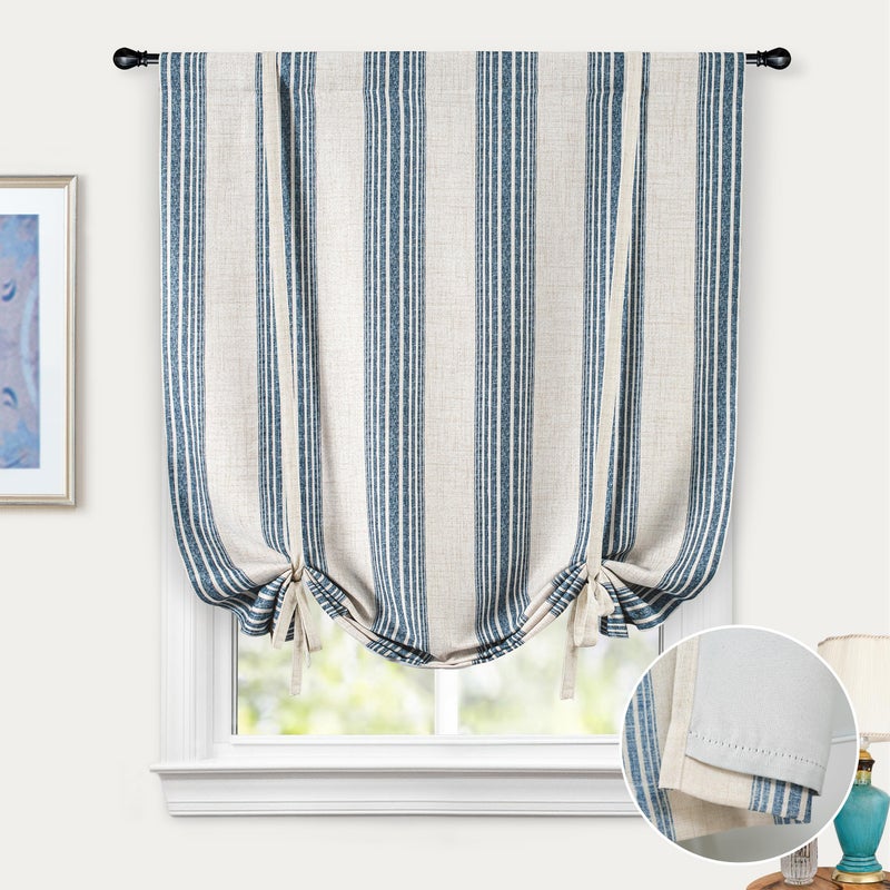 DriftAway Chris Vertical Striped Pattern Blackout Room Darkening Thermal Insulated Tie Up Adjustable Balloon Rod Pocket Curtain for Small Window 39 Inch by 55 Inch Jean Navy - Image 1