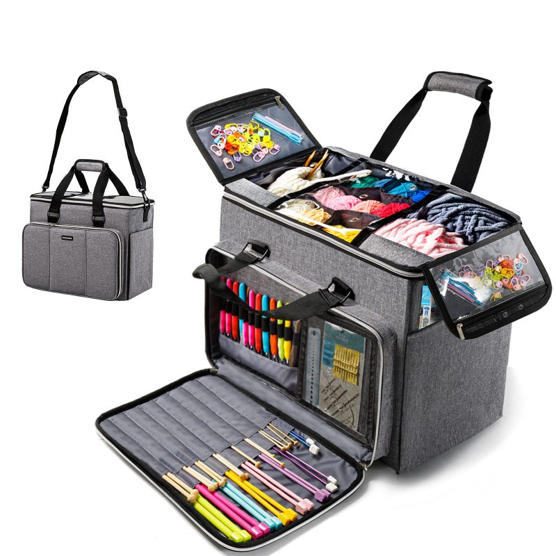 MYBAGZING حقيبة حياكة، منظم تخزين خيوط كبير، حقائب كروشيه وحقائب توت، حقائب خيوط للكروشيه، حافظة خيوط لإبر الحياكة، خطافات الكروشيه، ملحقات الحياكة، مشروع غير مكتمل، رمادي. - Image 1