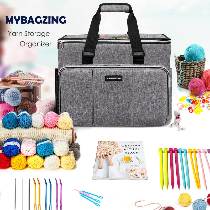 MYBAGZING حقيبة حياكة، منظم تخزين خيوط كبير، حقائب كروشيه وحقائب توت، حقائب خيوط للكروشيه، حافظة خيوط لإبر الحياكة، خطافات الكروشيه، ملحقات الحياكة، مشروع غير مكتمل، رمادي. - Image 3