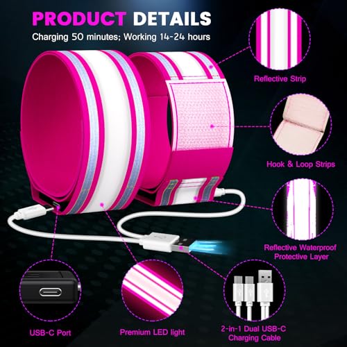 Fokia Kunbio Light Up LED Armband for Running Walking at Night,Reflective Arm Bands for Runners,Rechargeable Jogging Lights,High Visibility Night Running Safety Gear Adjustable Running Women Men Kids (Pink) - Image 4