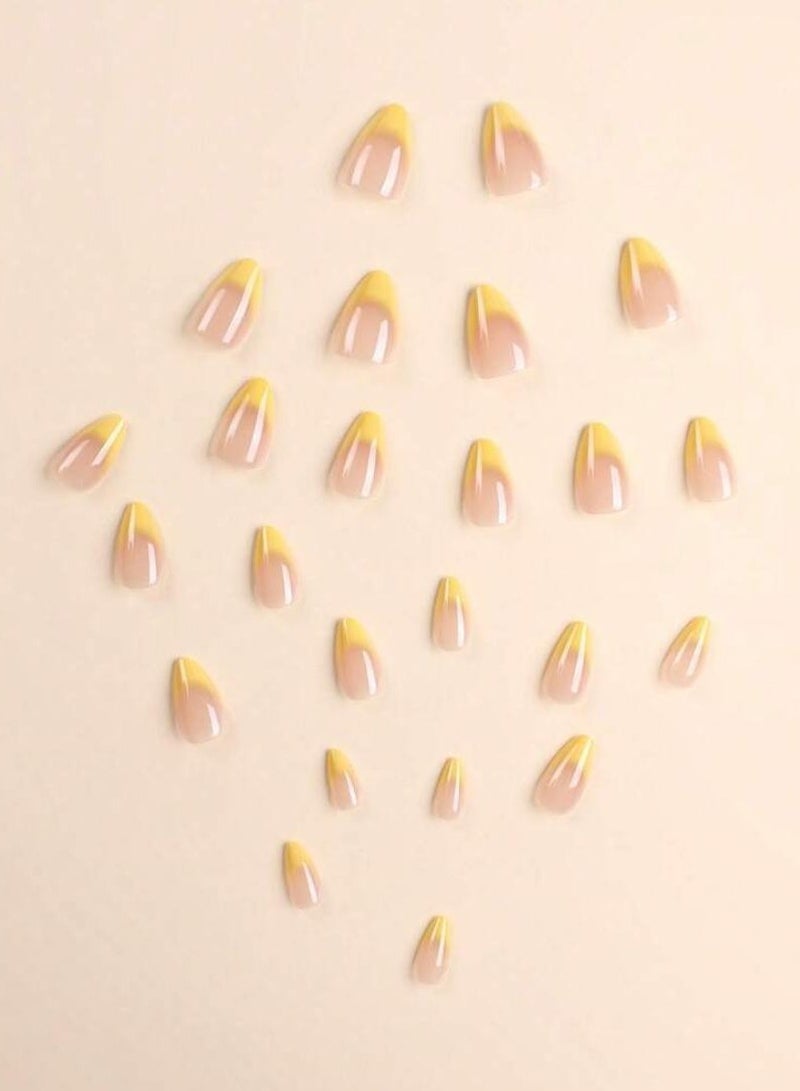 Tuline 24pcs/Set Short Almond Shaped French Nude & Yellow Press On Nails - Image 2