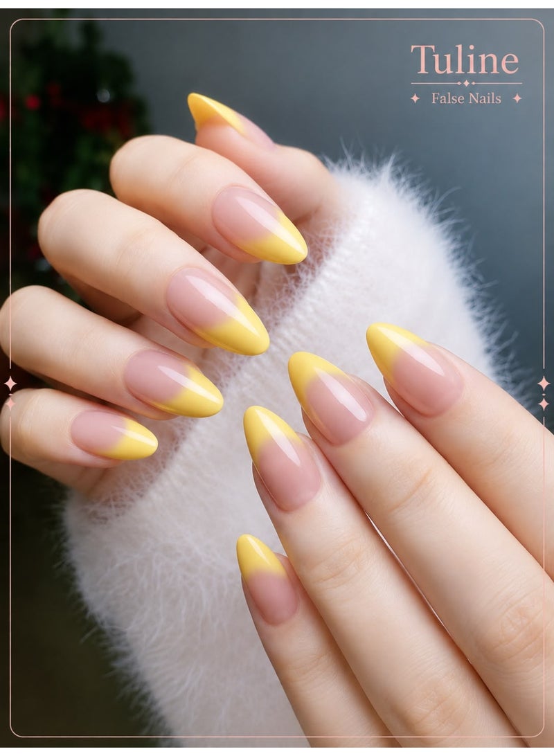 Tuline 24pcs/Set Short Almond Shaped French Nude & Yellow Press On Nails - Image 1