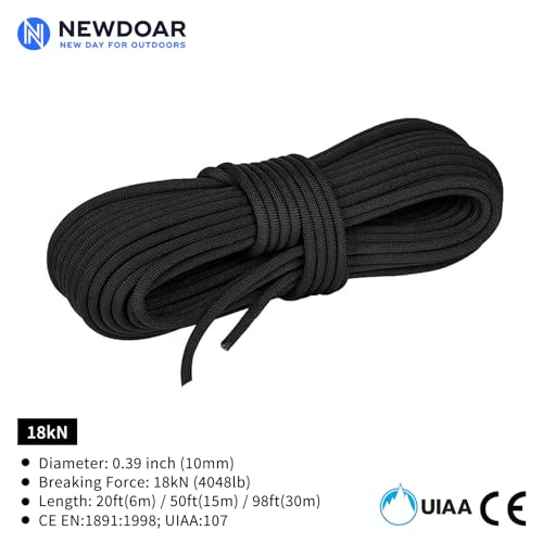 NewDoar 10mm(3/8inch) Accessory Cord Rope CE 24KN Double Braid Pre Cut for Outdoor Survival, Mountaineering, Prusik,Hauling Dragginge(Black 10mm,20FT) - Image 2