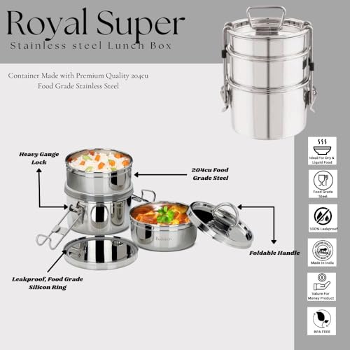 PDDFALCON Royal Lunch Box Stainless Steel Lunch Box Set,100% Leak-Proof, BIS Certified, Jindal Seal & Made in India, Airtight with Lids,Ideal for Office & School (Royal Super 1300ml) - Image 3