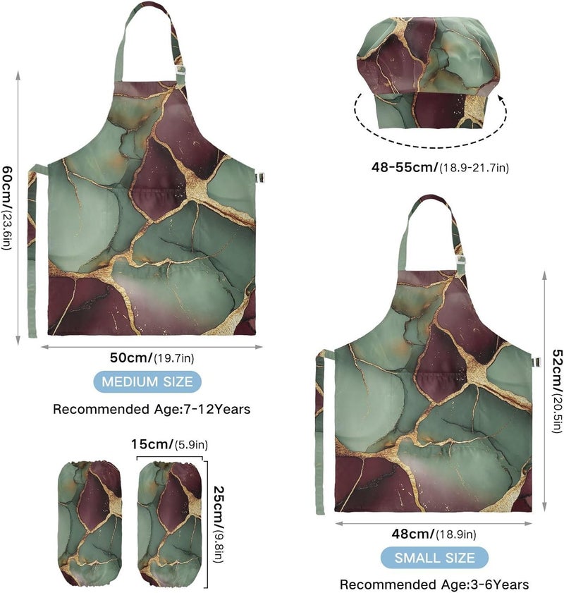 Kids Chef Hat Apron Set Creative Marble Burgundy Sage Green Kids Apron Chef Hat Set for Children 3-12 Years Old - Image 3