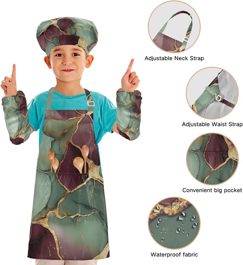Kids Chef Hat Apron Set Creative Marble Burgundy Sage Green Kids Apron Chef Hat Set for Children 3-12 Years Old - Image 4