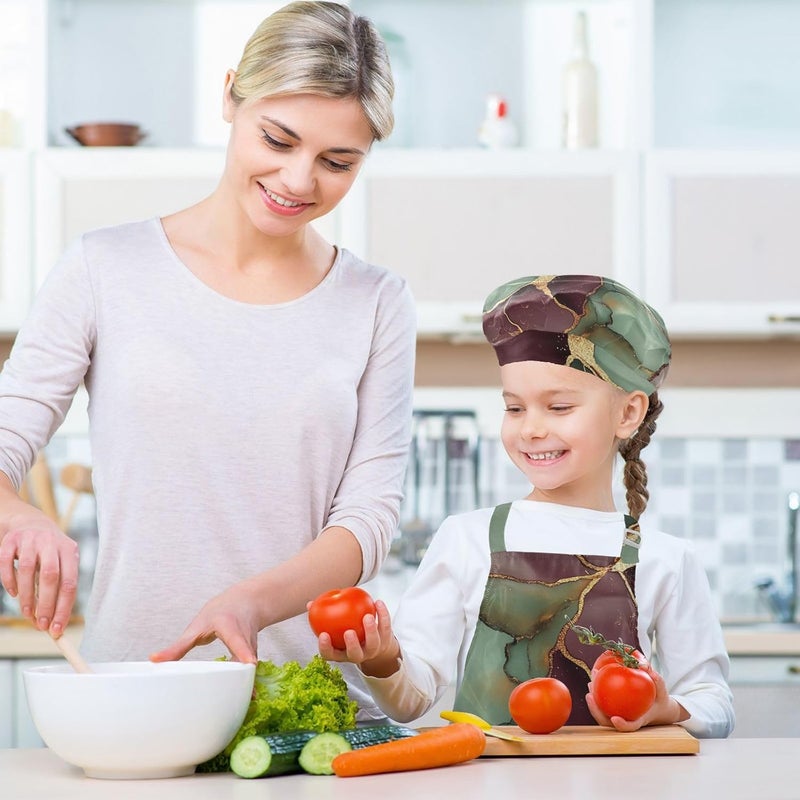 Kids Chef Hat Apron Set Creative Marble Burgundy Sage Green Kids Apron Chef Hat Set for Children 3-12 Years Old - Image 5