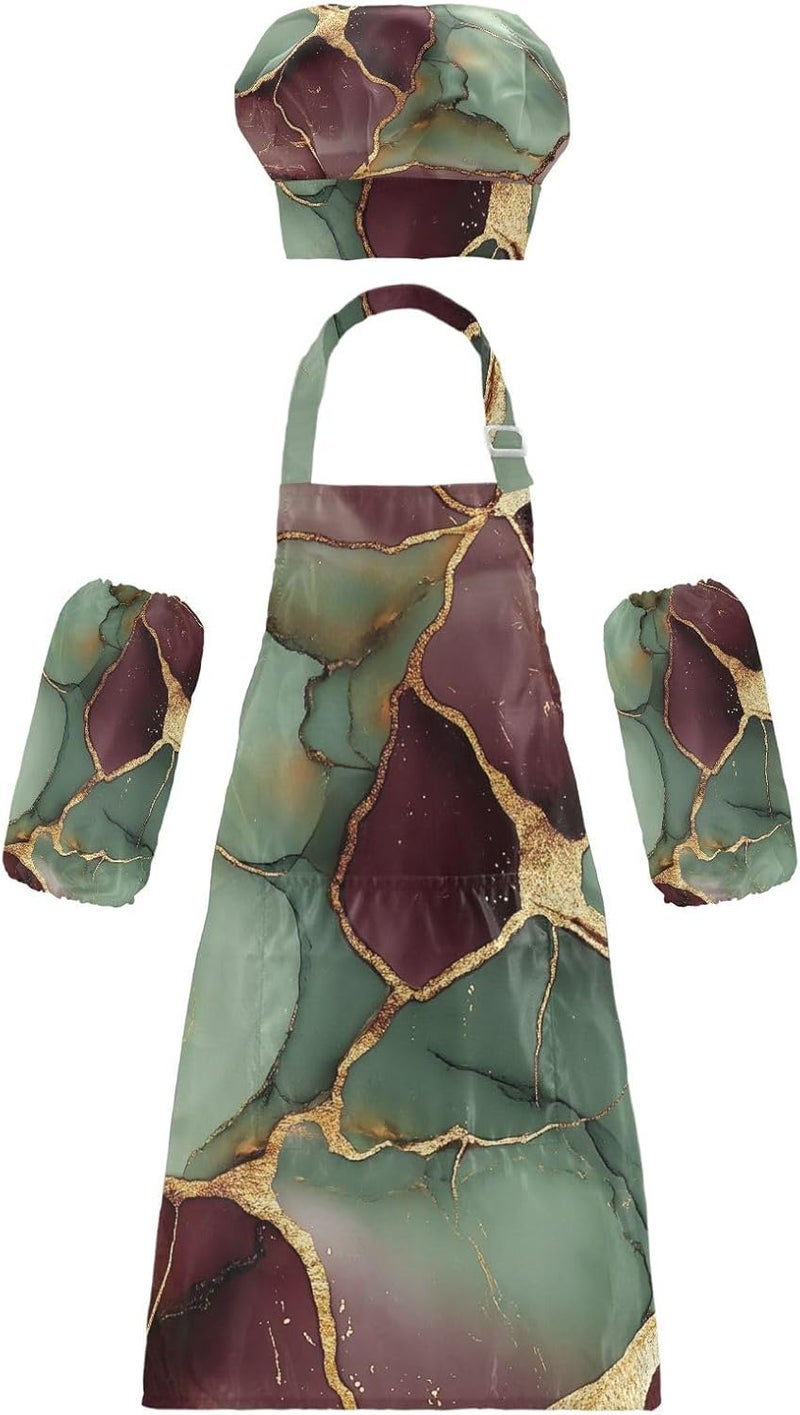 Kids Chef Hat Apron Set Creative Marble Burgundy Sage Green Kids Apron Chef Hat Set for Children 3-12 Years Old - Image 1