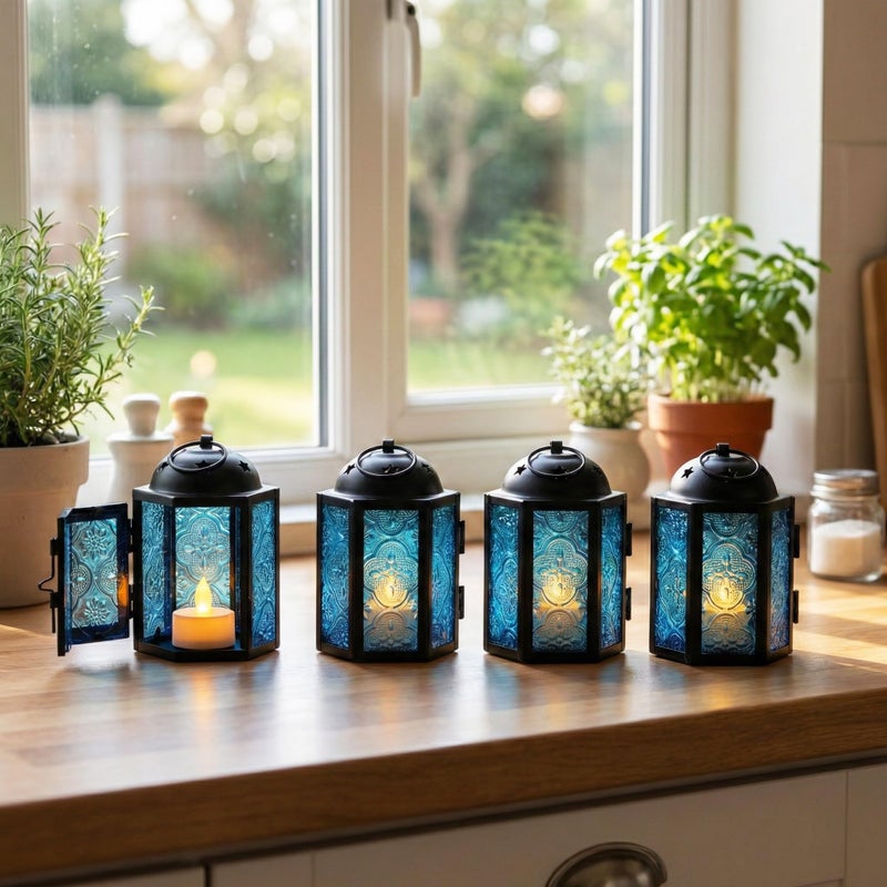 VELA LANTERNS Mini Moroccan Tea Light Candle Holder Lanterns â€“ 4.25" Small Decorative Lantern for Table or Hanging, Metal with Glass Panels â€“ Ramadan, Wedding, Home Decor, Aqua Blue (Set of 4) - Image 4