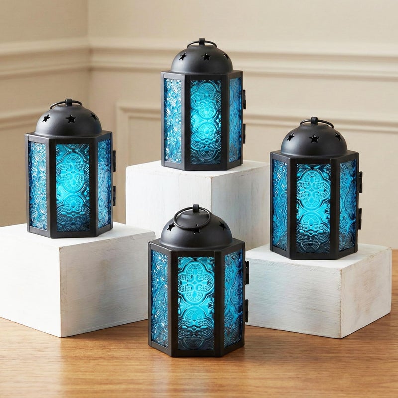VELA LANTERNS Mini Moroccan Tea Light Candle Holder Lanterns â€“ 4.25" Small Decorative Lantern for Table or Hanging, Metal with Glass Panels â€“ Ramadan, Wedding, Home Decor, Aqua Blue (Set of 4) - Image 1