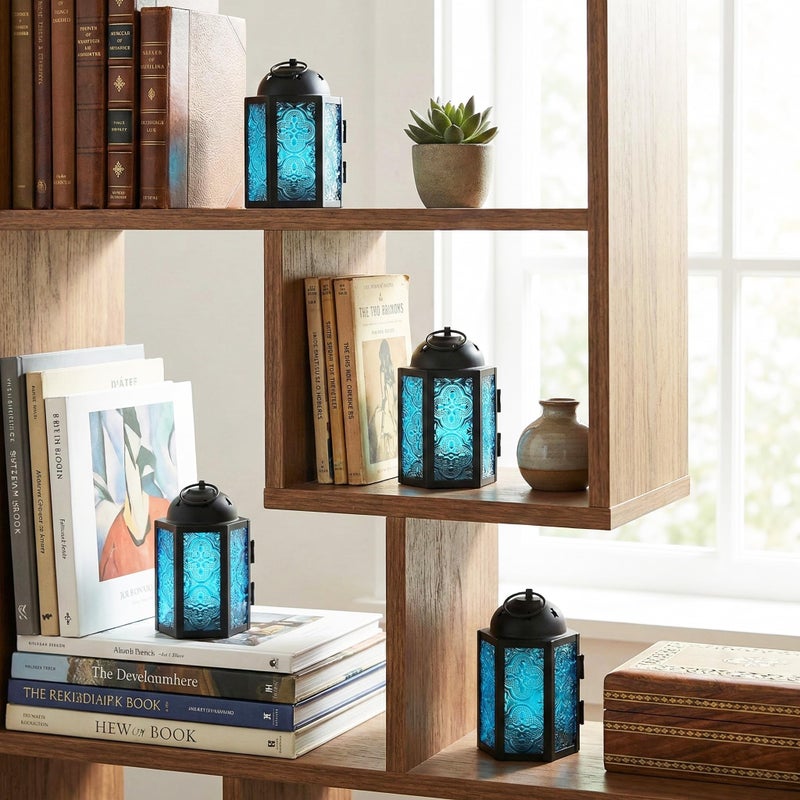 VELA LANTERNS Mini Moroccan Tea Light Candle Holder Lanterns â€“ 4.25" Small Decorative Lantern for Table or Hanging, Metal with Glass Panels â€“ Ramadan, Wedding, Home Decor, Aqua Blue (Set of 4) - Image 2