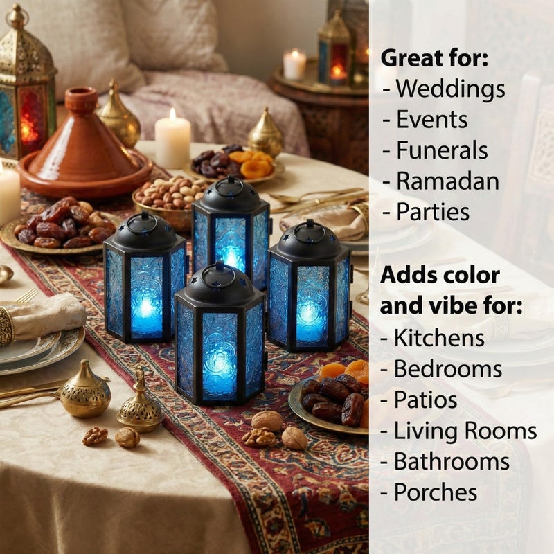 VELA LANTERNS Mini Moroccan Tea Light Candle Holder Lanterns â€“ 4.25" Small Decorative Lantern for Table or Hanging, Metal with Glass Panels â€“ Ramadan, Wedding, Home Decor, Aqua Blue (Set of 4) - Image 3