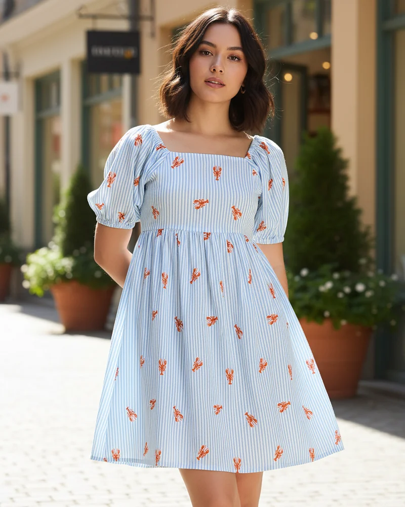 بيواكوف فستان نسائي أزرق مطبوع بالكامل بقصة واسعة