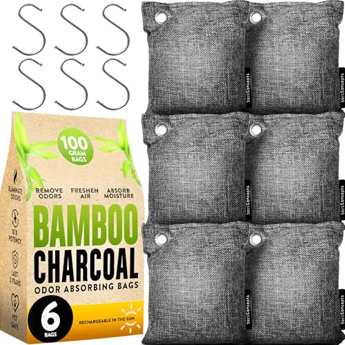 BASIC CONCEPTS Charcoal Odor Absorber for Strong Odor (6 Pack, 100g each), Bamboo Charcoal Air Purifying Bag, Basement Musty Odor Eliminator Deodorizer, Activated Charcoal Odor Absorber for Closet, Shoe, Car - Image 1