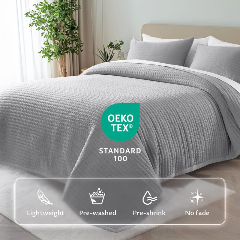 Kasentex Quilt Mini Set - Stone Washed - Super Soft Bedspread - Light Weight - White Down Alternative Microfiber Fill - Machine Washable - Solid Colors, Full/Queen + 2 Shams, Grey | Super Soft, Light Weight, White Down Alternative, Machine Washable, Stone Washed, Bedspread - Image 2