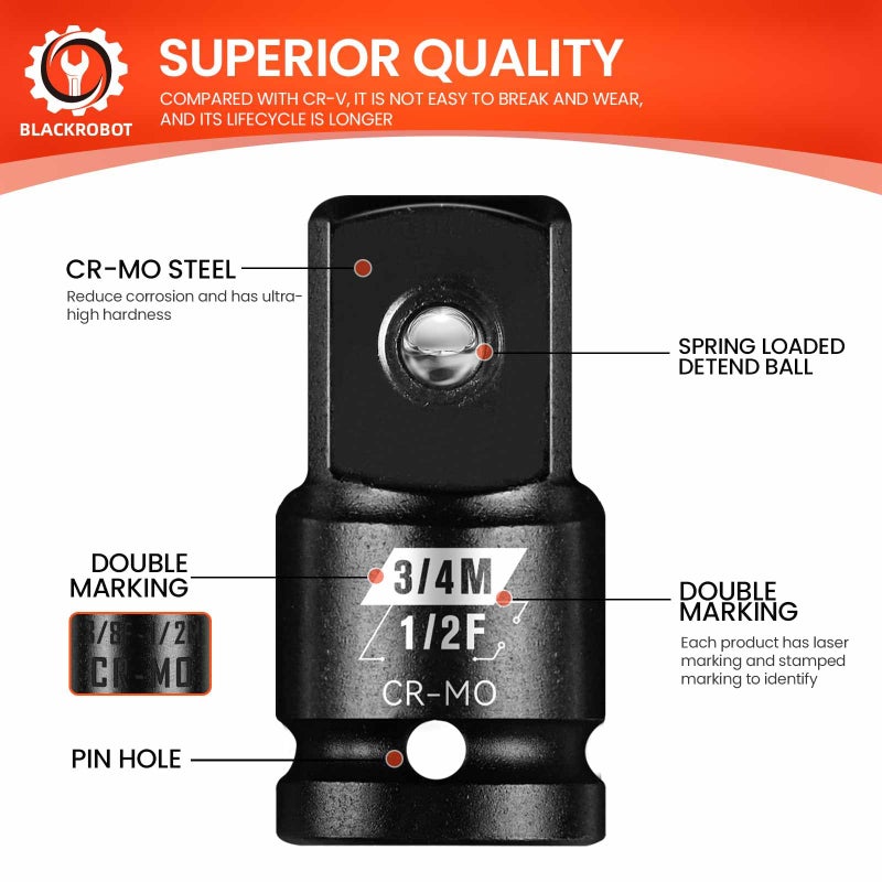 BLACKROBOT 1/2”F To 3/4”M Impact Socket Adapter, Cr-Mo Steel Exceeds ANSI Standards, Square Drive Reducer for Impact Driver Wrench - Image 4
