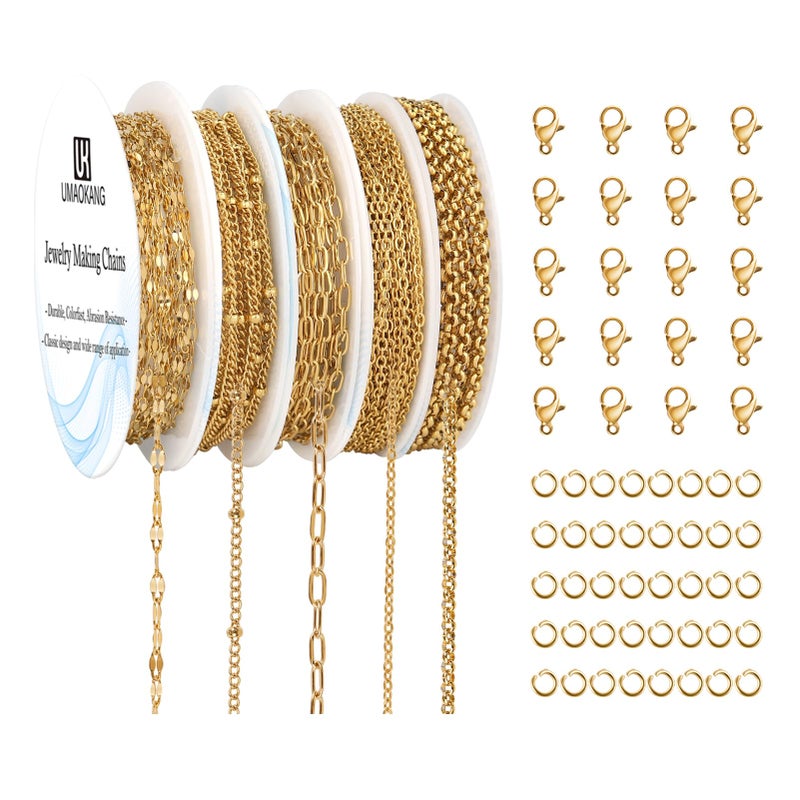 UMAOKANG 5 Rolls 39.4 Feet Gold Plated Stainless Steel Chains for Jewelry Making Dainty Jewelry Making Chains Bulk with Jewelry Findings - Image 1