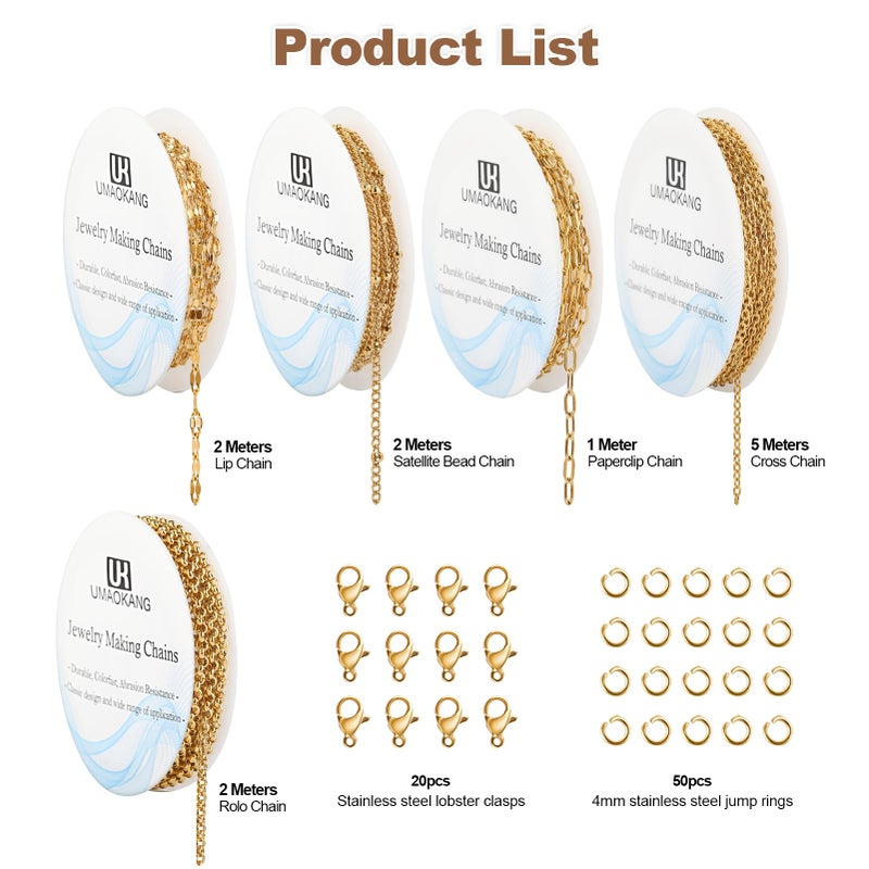 UMAOKANG 5 Rolls 39.4 Feet Gold Plated Stainless Steel Chains for Jewelry Making Dainty Jewelry Making Chains Bulk with Jewelry Findings - Image 2