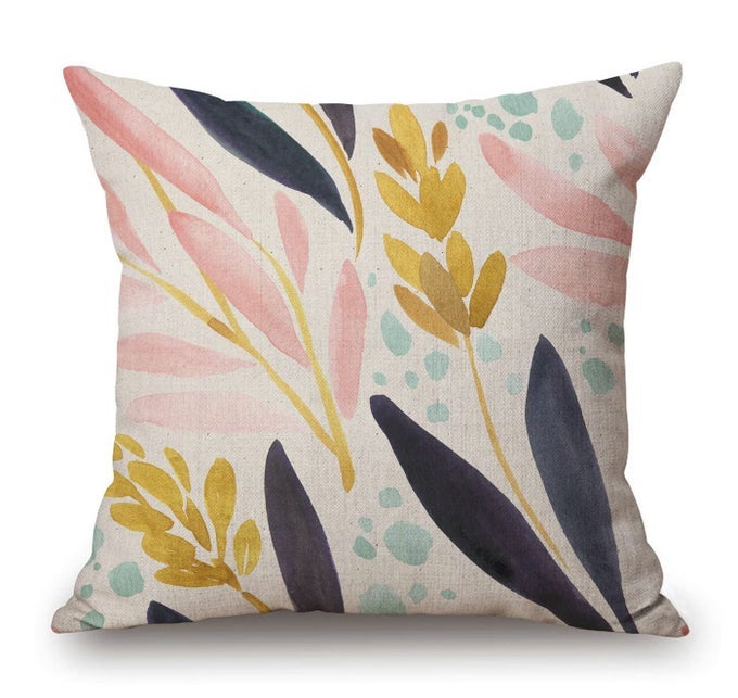 WATERCOLOR WHITE PINK NAVY YELLOW FLORAL COTTON LINEN SQUARE THROW PILLOW CASE DECORATIVE CUSHION COVER PILLOWCASE FOR SOFA 18X 18
