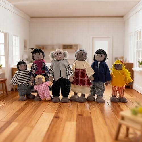 HYSTYLE 7 Pack Wooden Doll House Family Dollhouse Dolls Family Pretend Play Figures Family Role Play Pretend Play Mini People Figures African American - Image 5