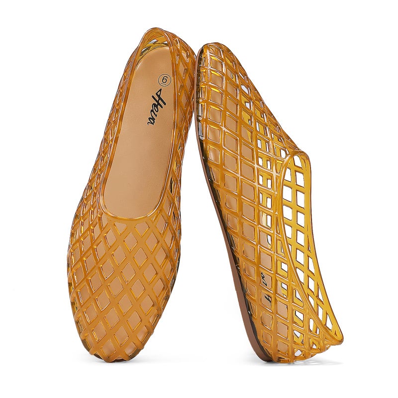 HEVA Women's Jelly Mesh Flats Breathable Clear Hollow Shoes Summer Beach Jellies Ballet Sandals(5 M US Lt Brown) - Image 1