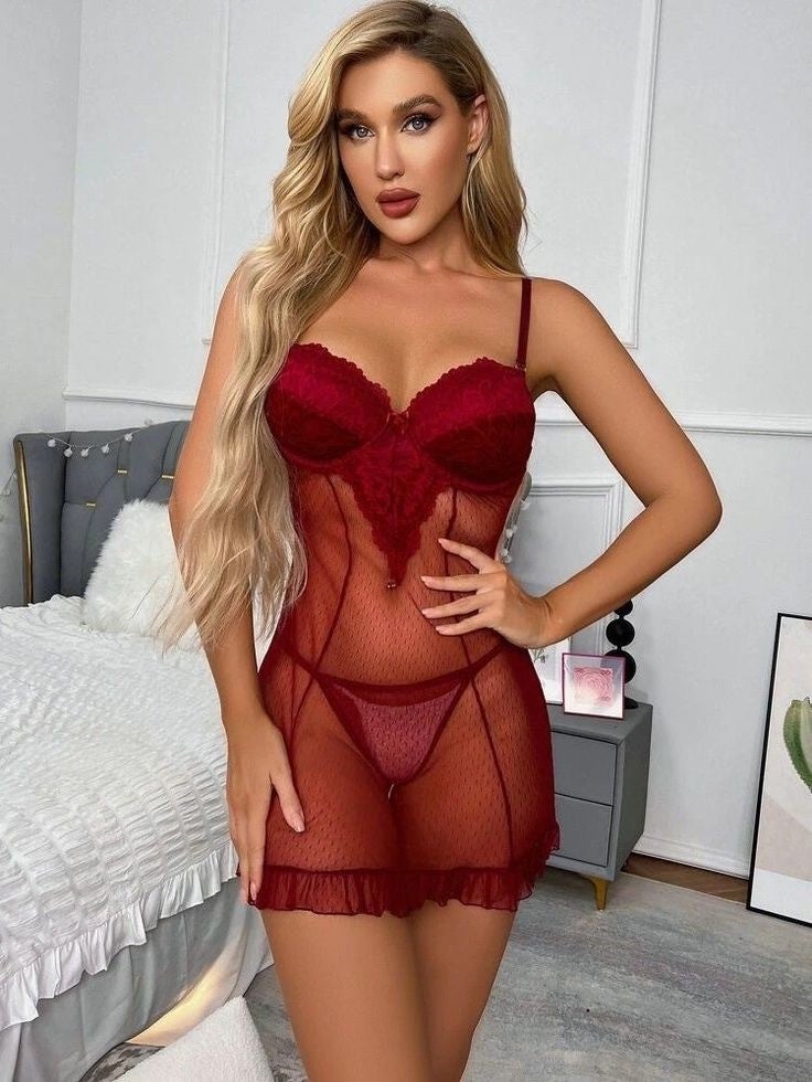 my cherie Lace and Transparent Polka Dot Tulle Detailed Suspender Mini Nightgown Panty Set - Image 1