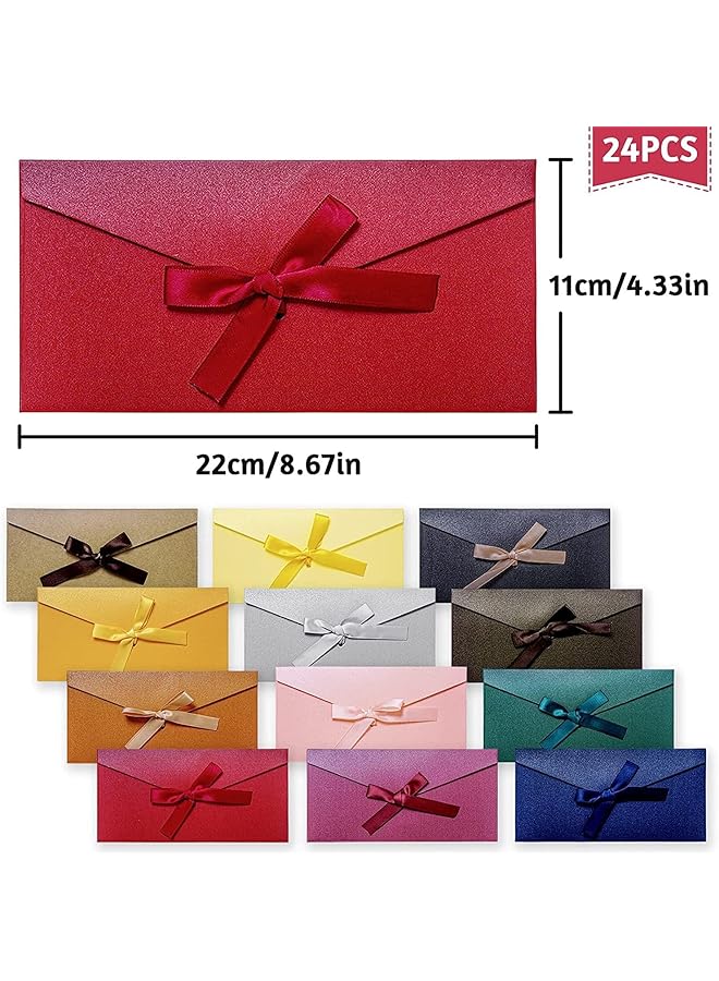 erorex Colorful Envelopes 24Pcs Vintage Kraft Pearlescent Paper Envelopes With Colored Bow Tie Ribbons For Handmade Invitations Wedding Or Festival Cards Thickened Large 12 Color  - Image 4