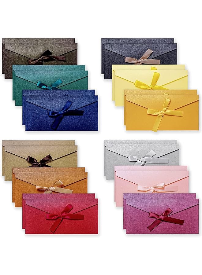 erorex Colorful Envelopes 24Pcs Vintage Kraft Pearlescent Paper Envelopes With Colored Bow Tie Ribbons For Handmade Invitations Wedding Or Festival Cards Thickened Large 12 Color  - Image 1