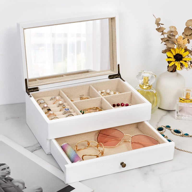 Meangood Jewelry Box Organizer for Women 2 Layer Large Jewelry Storage Case Rustic Wooden Jewelry Box with Mirror Ring Tray for Necklace Earring Bracelets Rings Vintage Style White