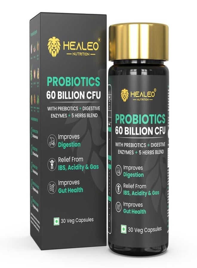 Healeo Probiotics 60 Billion CFU, 4-in-1 with Prebiotic + Digestive Enzymes + 5 Herbs - Probiotics for Gut Health & Digestion - Supplement For Men & Women - Lab Tested - 30 Veg Capsules - Image 1