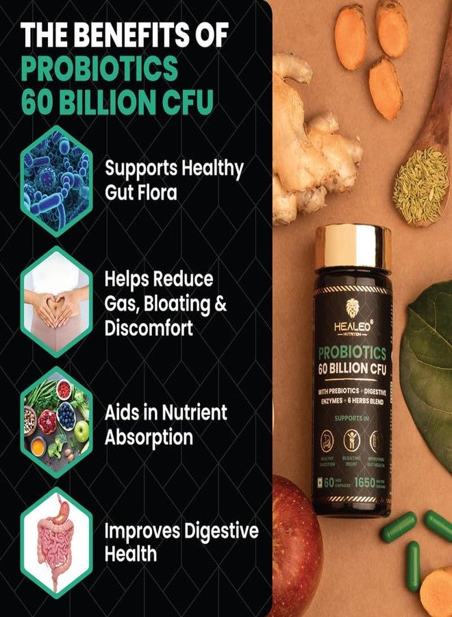 Healeo Probiotics 60 Billion CFU, 4-in-1 with Prebiotic + Digestive Enzymes + 5 Herbs - Probiotics for Gut Health & Digestion - Supplement For Men & Women - Lab Tested - 30 Veg Capsules - Image 3