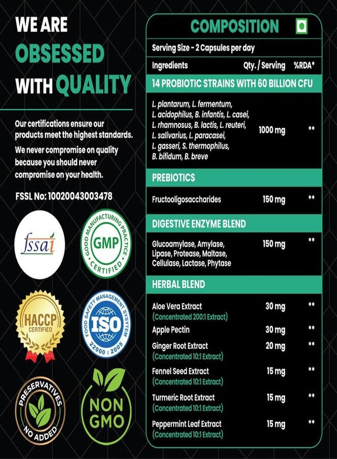 Healeo Probiotics 60 Billion CFU, 4-in-1 with Prebiotic + Digestive Enzymes + 5 Herbs - Probiotics for Gut Health & Digestion - Supplement For Men & Women - Lab Tested - 30 Veg Capsules - Image 2