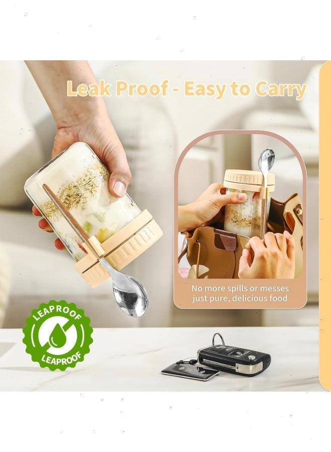 بوميفار 4 قطع من برطمانات الشوفان المُعدة لليلة السابقة، برطمانات زجاجية سعة 16 أونصة مزودة بأغطية وملاعق، برطمانات مانعة للتسرب مناسبة للحبوب والفواكه والخضروات والحليب والسلطة والزبادي - Image 4