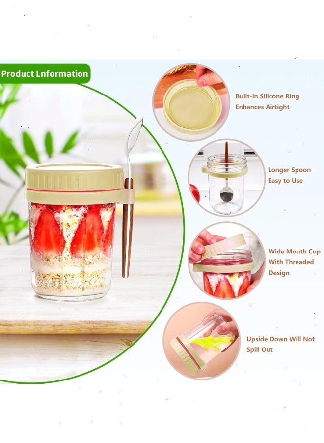 بوميفار 4 قطع من برطمانات الشوفان المُعدة لليلة السابقة، برطمانات زجاجية سعة 16 أونصة مزودة بأغطية وملاعق، برطمانات مانعة للتسرب مناسبة للحبوب والفواكه والخضروات والحليب والسلطة والزبادي - Image 5
