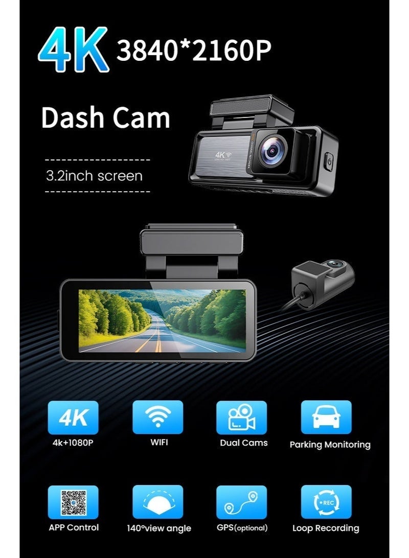 3.2 Inch 4K Dual Lens dash camera night vision Wi-Fi App - Image 3