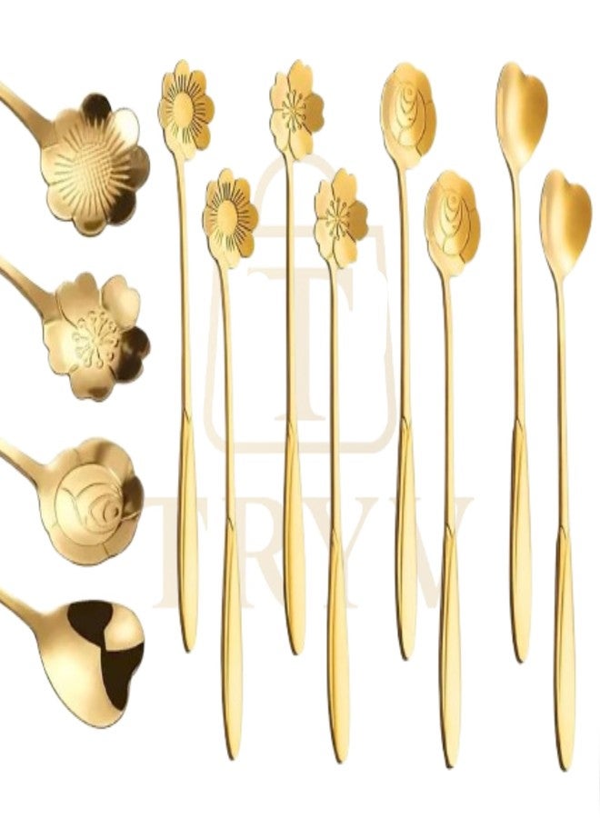 TRYV 8 Pcs Gold Flower Spoon Set, Stainless Steel Dessert Spoons, Cute Stirring Spoons for Tea, Cake, Sugar, Dessert, Ice Cream, Cocktails, Ideal Gift Bag, mini bar | 4 Styles,18cm - Image 1