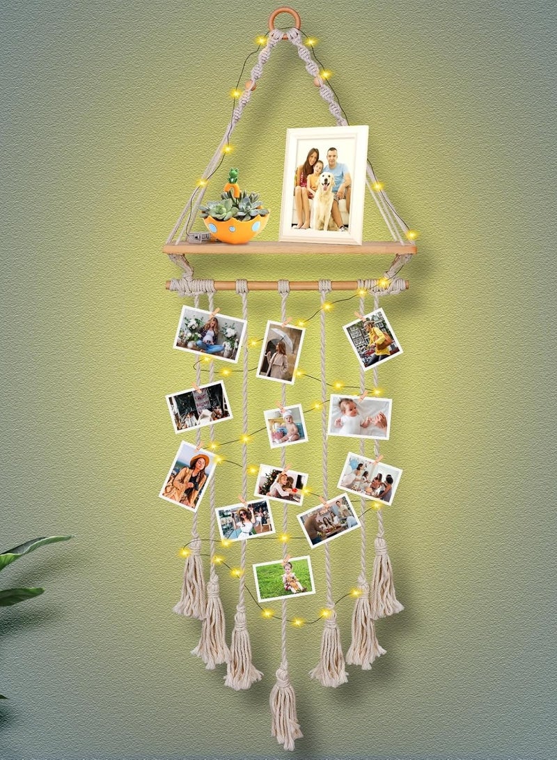 Antikiano Boho Hanging Photo Display Wall Decor with LED Light String & 30 Clips, Wooden Shelf, Macrame Wall Hanging Pictures Cards Frame Room Decor, Teenage Teen Girl G-ifts 10 11 12 13 14 Years Old Visit the SelfTek Store  - Image 1