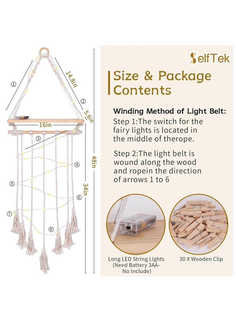 Antikiano Boho Hanging Photo Display Wall Decor with LED Light String & 30 Clips, Wooden Shelf, Macrame Wall Hanging Pictures Cards Frame Room Decor, Teenage Teen Girl G-ifts 10 11 12 13 14 Years Old Visit the SelfTek Store  - Image 2