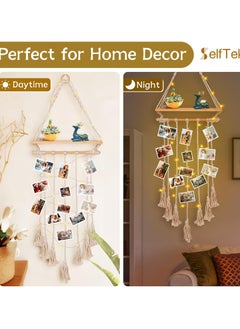 Antikiano Boho Hanging Photo Display Wall Decor with LED Light String & 30 Clips, Wooden Shelf, Macrame Wall Hanging Pictures Cards Frame Room Decor, Teenage Teen Girl G-ifts 10 11 12 13 14 Years Old Visit the SelfTek Store  - Image 3