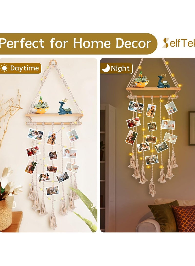 Antikiano Boho Hanging Photo Display Wall Decor with LED Light String & 30 Clips, Wooden Shelf, Macrame Wall Hanging Pictures Cards Frame Room Decor, Teenage Teen Girl G-ifts 10 11 12 13 14 Years Old Visit the SelfTek Store  - Image 3