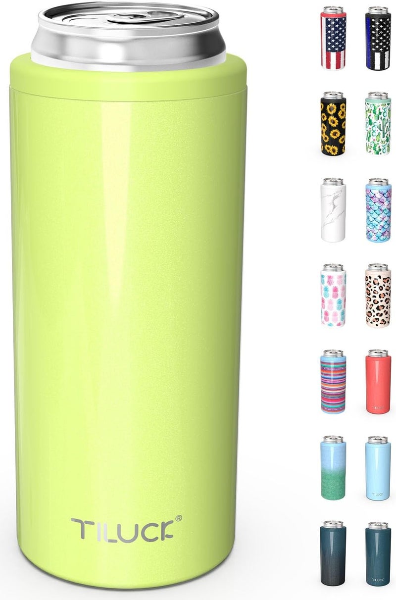 TILUCK Skinny Can Cooler for Slim Beer & Hard Seltzer, Stainless Steel, Doucle-Walled Stainless Steel Insulated Slim Cans, Standard 12 oz (Lime) - Image 1