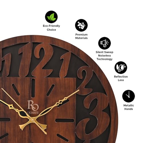 REGIIS OPERA Engineered Wood Round Shape Wall Clock with Bold Numbers and Metallic Hands | Silent Quartz Movement Wooden Anti Reflection Analog Vintage Clock for Home & Office (Brown, 15.5 Inch) - Image 3