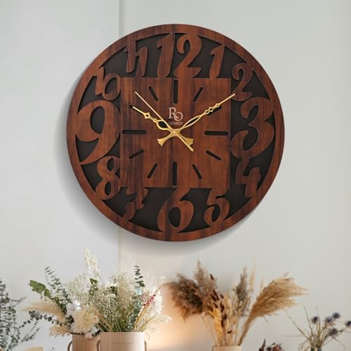 REGIIS OPERA Engineered Wood Round Shape Wall Clock with Bold Numbers and Metallic Hands | Silent Quartz Movement Wooden Anti Reflection Analog Vintage Clock for Home & Office (Brown, 15.5 Inch) - Image 1