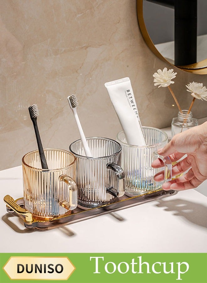 DUNISO 4 Pcs Bathroom Tumbler Cup Set, Household Bathroom Toothbrush Cup, Mouthwash Cup With Handle, With Three Mouthwash Cups And Tray, Reusable, Suitable For Bathroom，Balcony And Travel, 350ml - Image 1