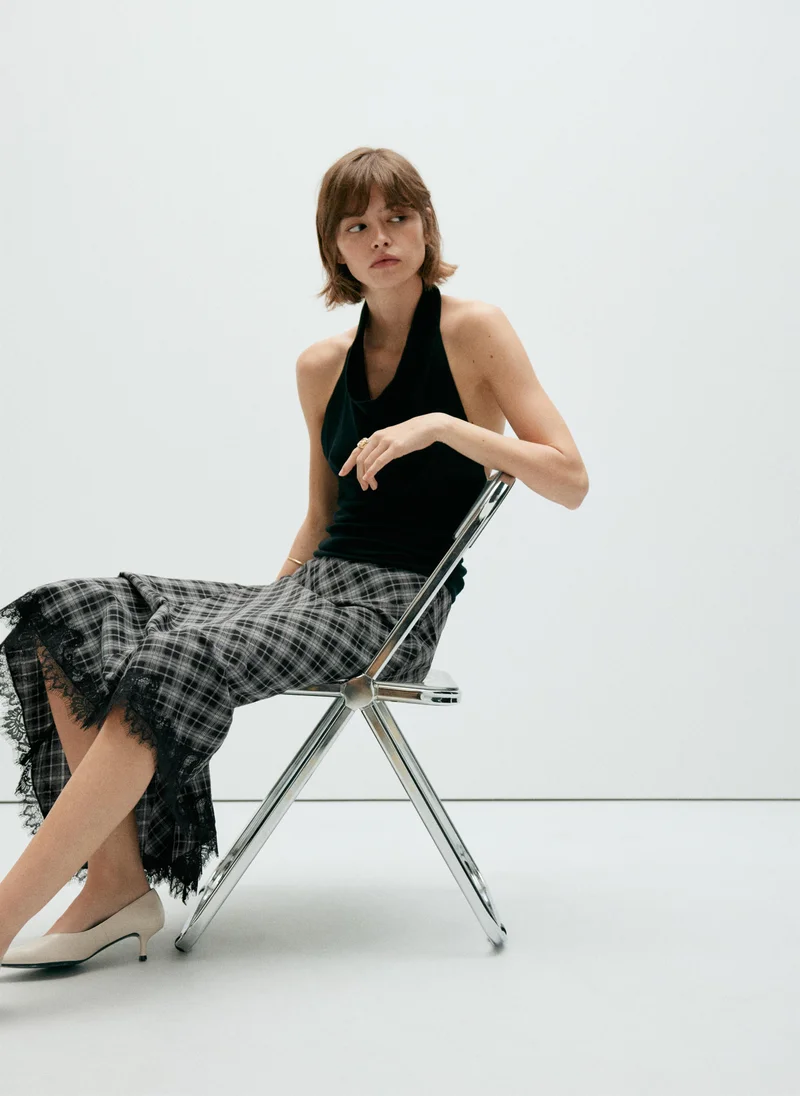 Mango 99-NEGRO Fluid Midi Checked Skirt for Women | Best Price UAE