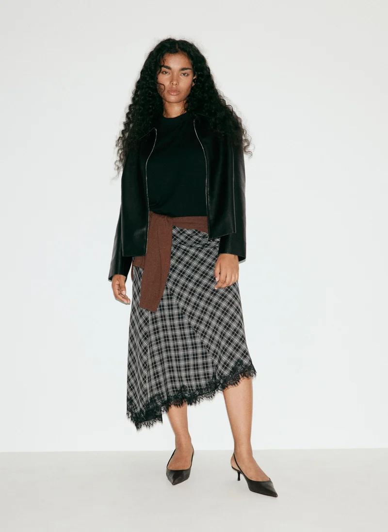 Mango 99-NEGRO Fluid Midi Checked Skirt for Women | Best Price UAE