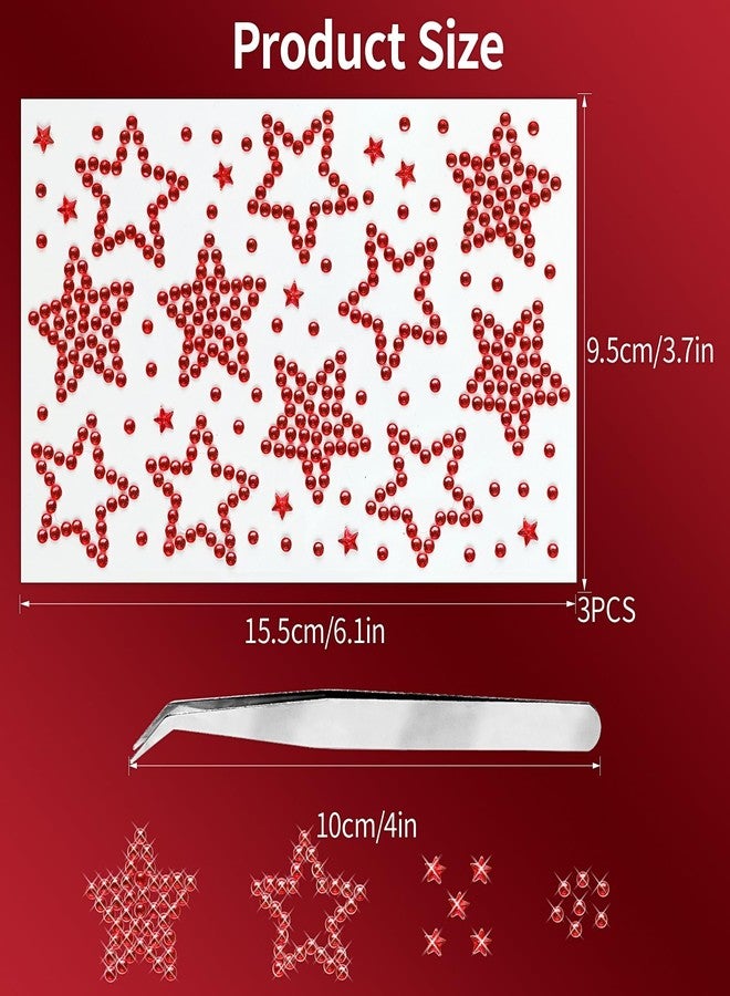 Jacnkb 3 Sheers Red Star Gems Stickers Acrylic Star Rhinestone Sticker Self Adhesive Face Jewels Stick On Eye Nail Body Crystal Pearls Jewels Face Sticker Decorative Stickers for Independence Day - Image 2
