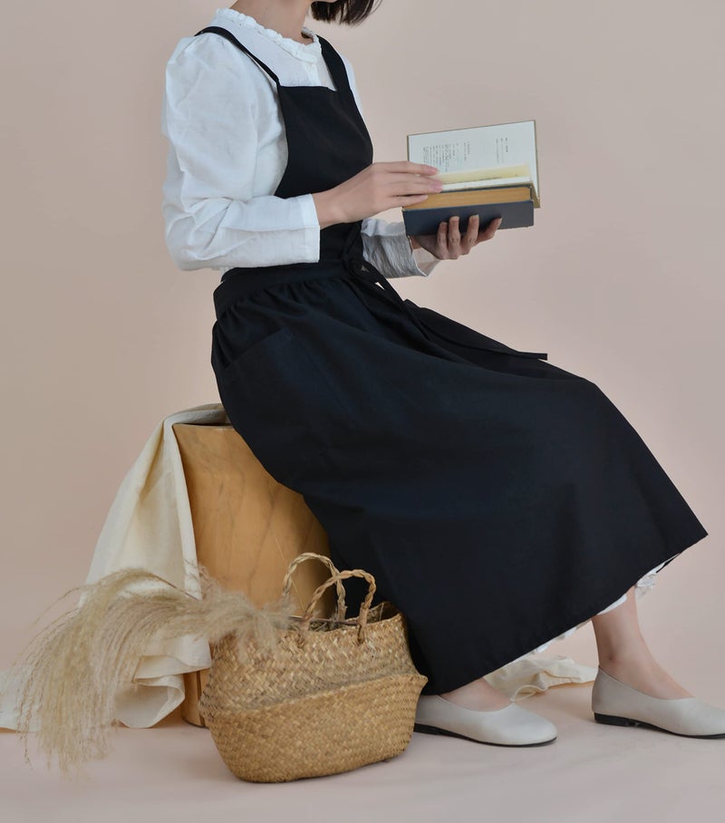 VLZUFE Women Cotton Linen Cross Back Apron with Pockets for Gardening Works Pinafore Dress - Image 4