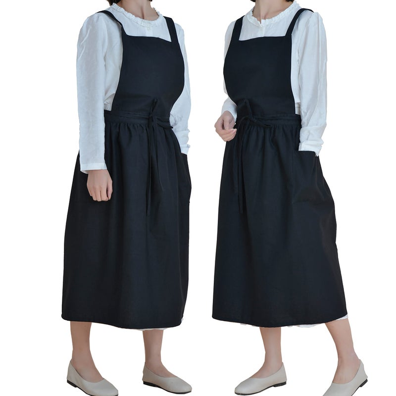 VLZUFE Women Cotton Linen Cross Back Apron with Pockets for Gardening Works Pinafore Dress - Image 1