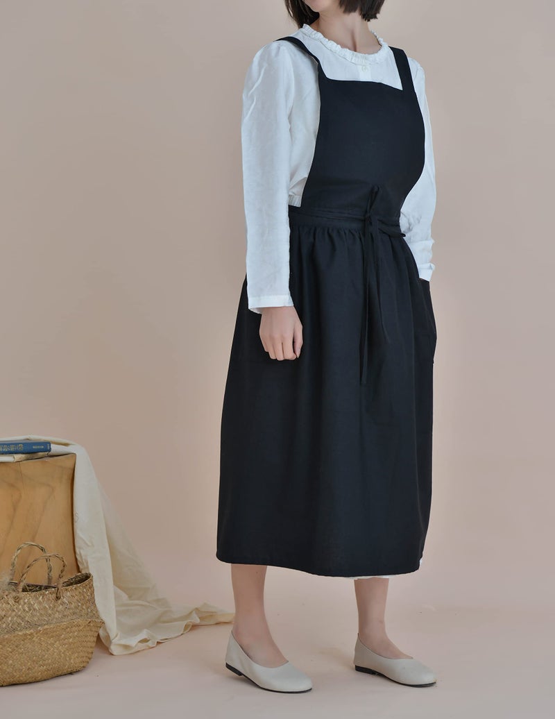 VLZUFE Women Cotton Linen Cross Back Apron with Pockets for Gardening Works Pinafore Dress - Image 2